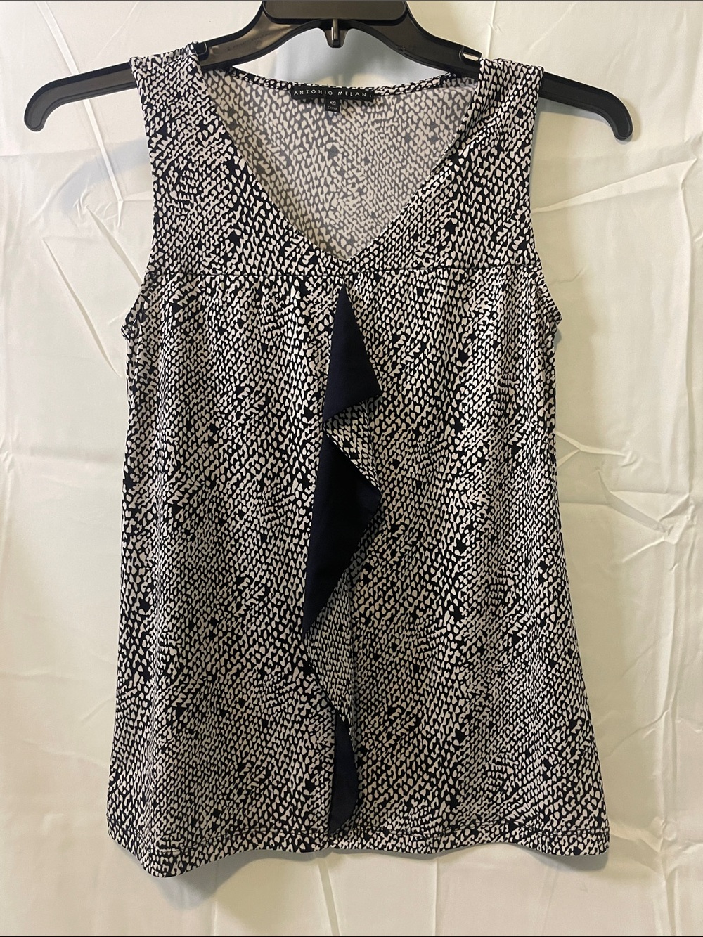 ANTONIO MELANI Navy and White Printed Ruffled Sleeveless Top